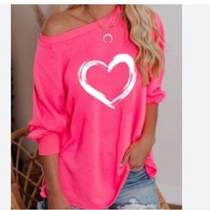 Pink Heart Sweatshirt Off Shoulder - size XL
